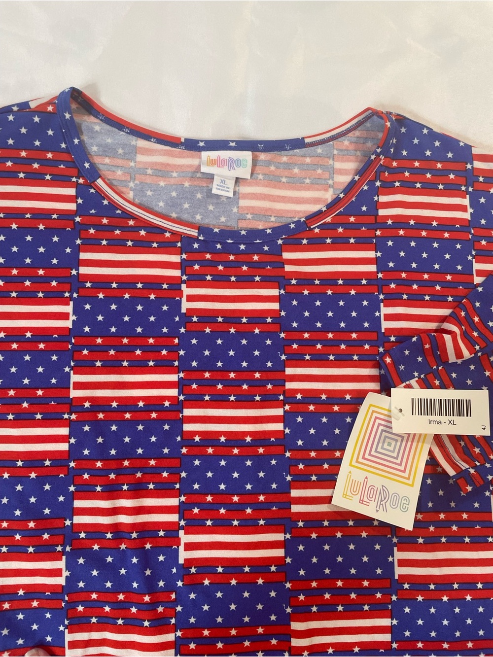 LuLaRoe Irma Tunic in Red, White, Blue Star & Stripe Print, Hi-Low, NWT, Size XL